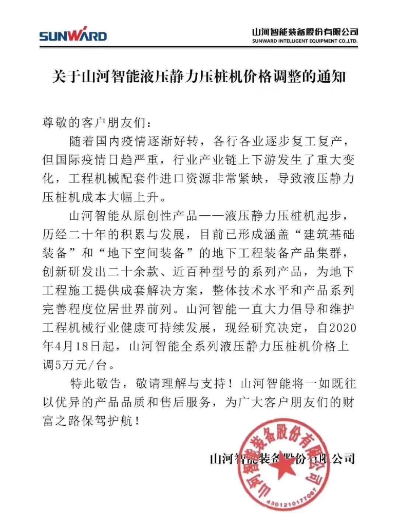 关于壹定发智能液压静力压桩机价钱调解的通知